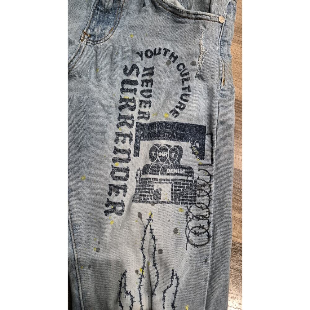 THRT Denim Jeans Men's Size 32 Light Wash Graphic Distressed Streetwear Y2K - Picture 10 of 16